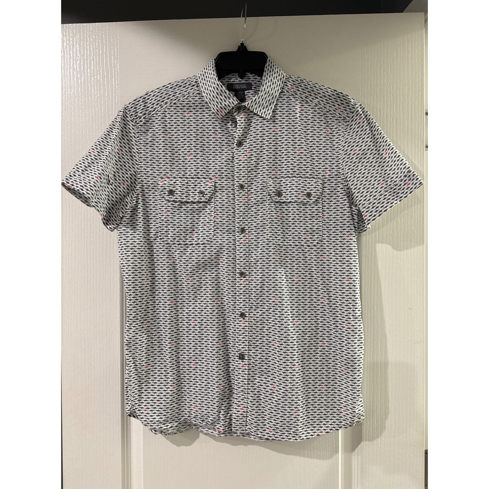 Kenneth Cole‎ Reaction Mens Medium Shark Print Short Sleeve Button Down Shirt